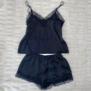 NWOT Lace-Trimmed Satin Pajama Set, Black, Size SMALL